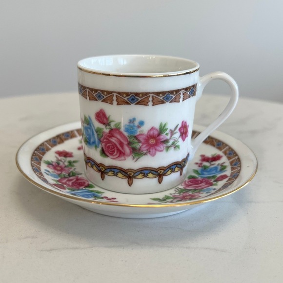 Other - Vintage Demitasse Espresso Tea Cup Saucer Floral Rose Gold Trim Cottagecore